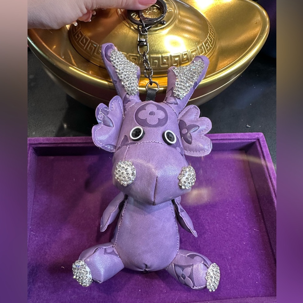 Purple Dragon Bag Charm Keychain Monogram Rhinestone Kawaii Collectible